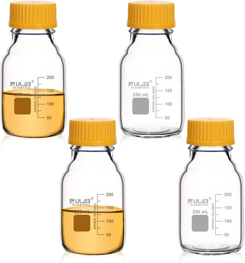 ULAB Round Media Storage Bottle, Vol.250ml(8.5oz) 3.3 Borosilicate Glass Storage Bottles with GL45 Screw Cap, Pack of 4, URB1035 - Image 1